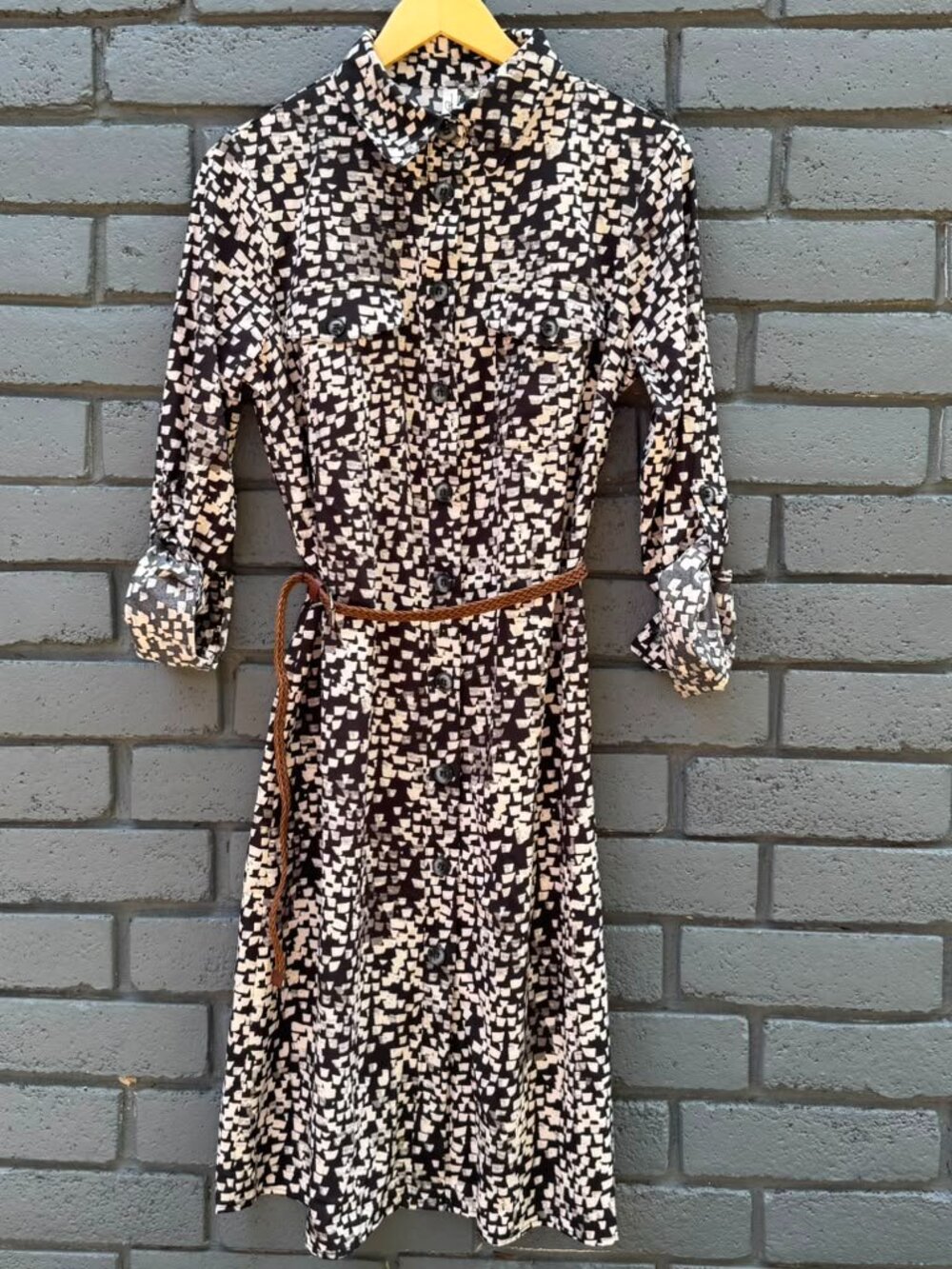 NY Collection Black White Geometric Roll Tab Sleeve Button Up Midi Shirt Dress M